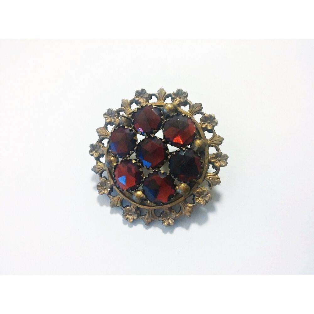 Antique Victorian Vauxhall Glass Brooch - Garnet Glass - Bohemian